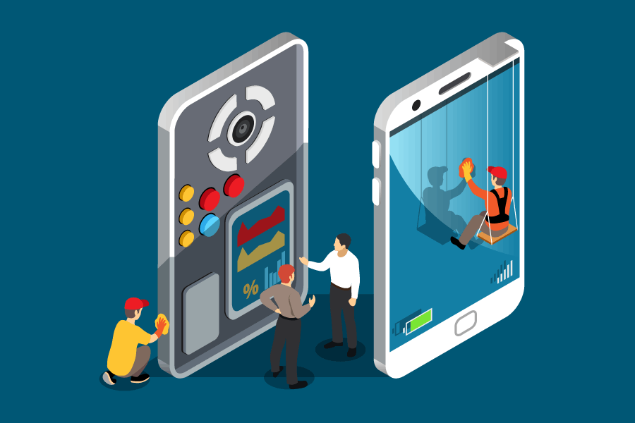 Illustration of workers performing maintenance on a giant smartphone