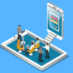 outsourced-team-at-work Illustration of an outsourced team discussing work in a room with a staircase leading to a giant phone - Cybersecurity Risk Assessment in San Jose, CA & Portland, OR by a trusted managed service provider