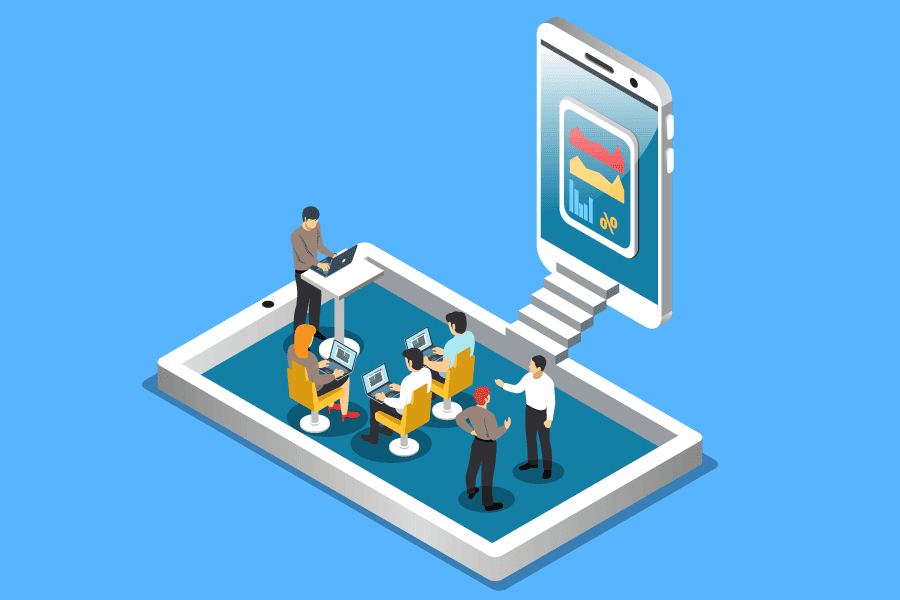 Illustration of an outsourced team discussing work in a room with a staircase leading to a giant phone