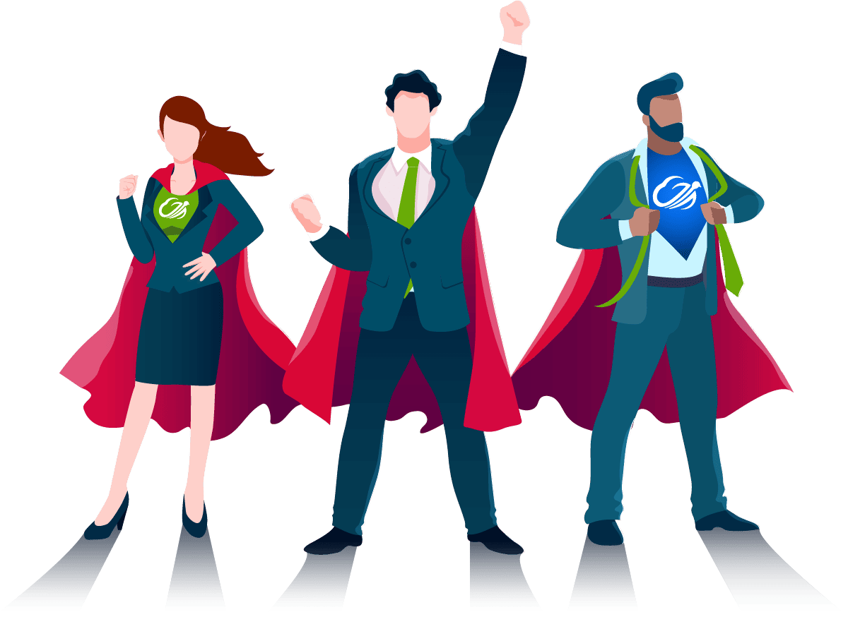 Illustration of a team of business professionals wearing superhero capes