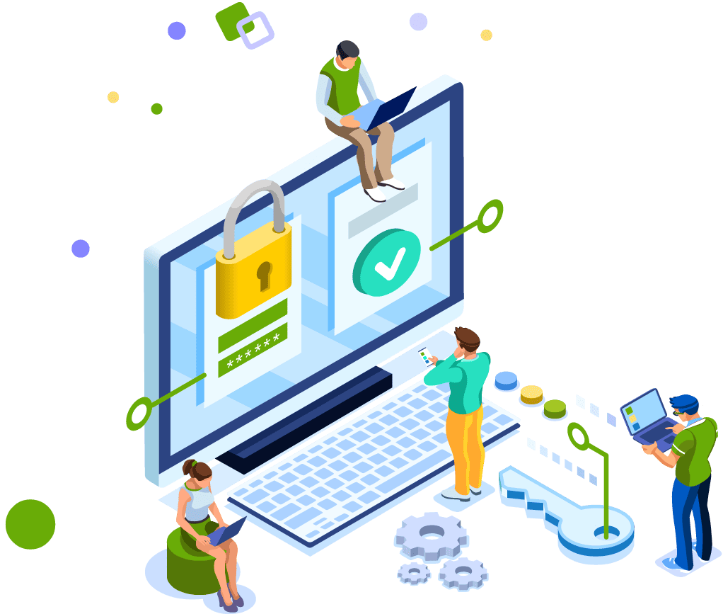 An illustration of people working at a computer screen, representing IT support in Lake Oswego.