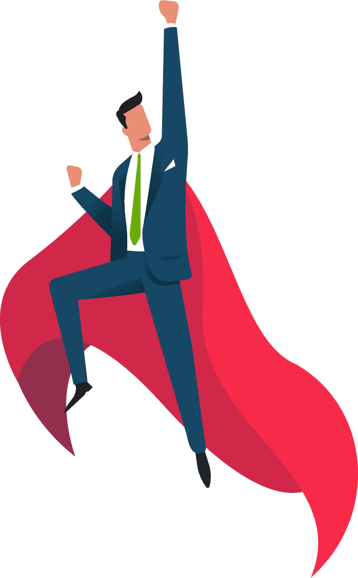 Illustration of a man with a business suit and red cape flying into the sky with his hand raised.