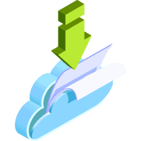 An illustration of files coming out of a cloud with a green download arrow above.