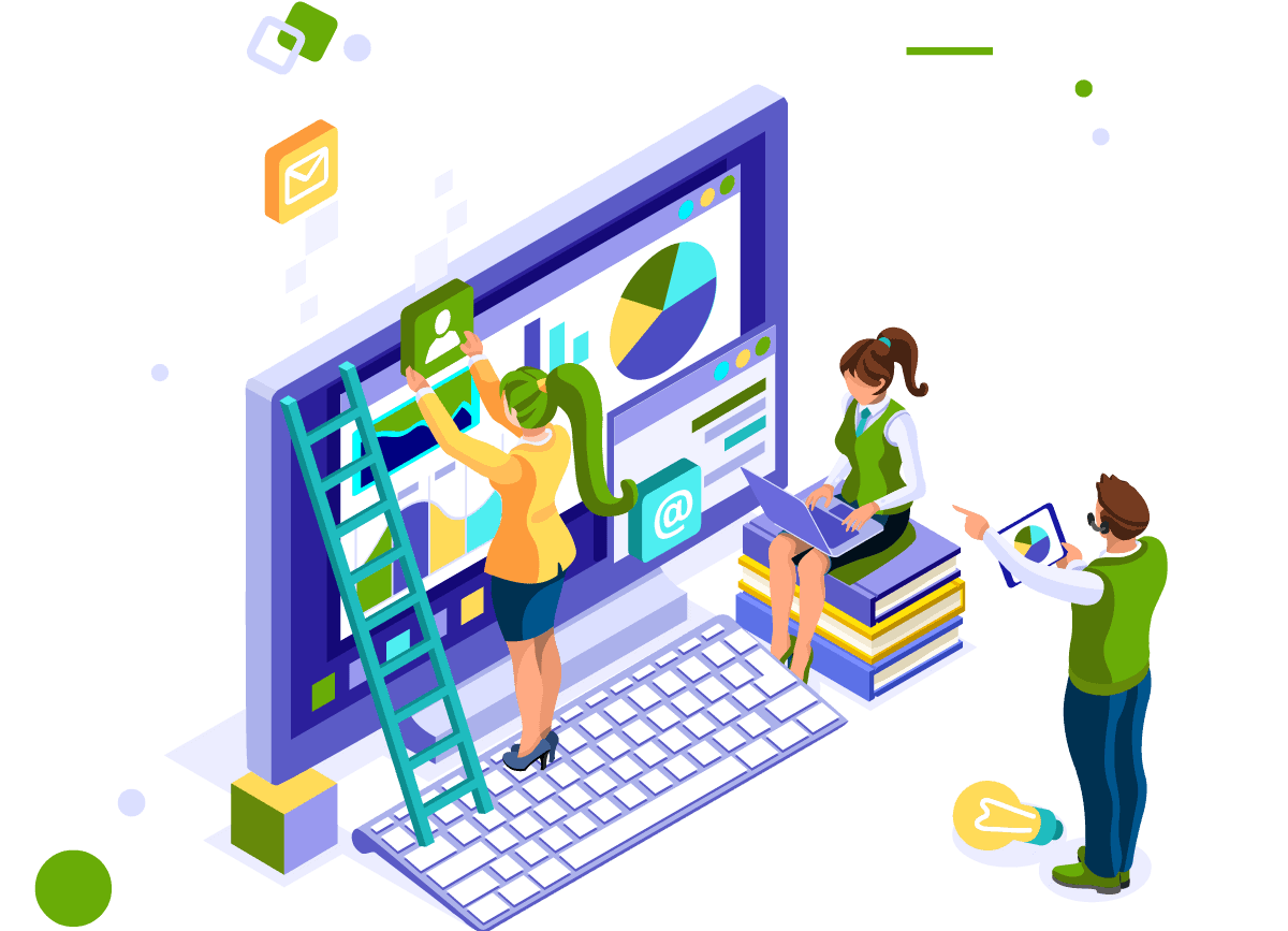 about-benefits An illustration of 3 people working on a large computer and laptop.