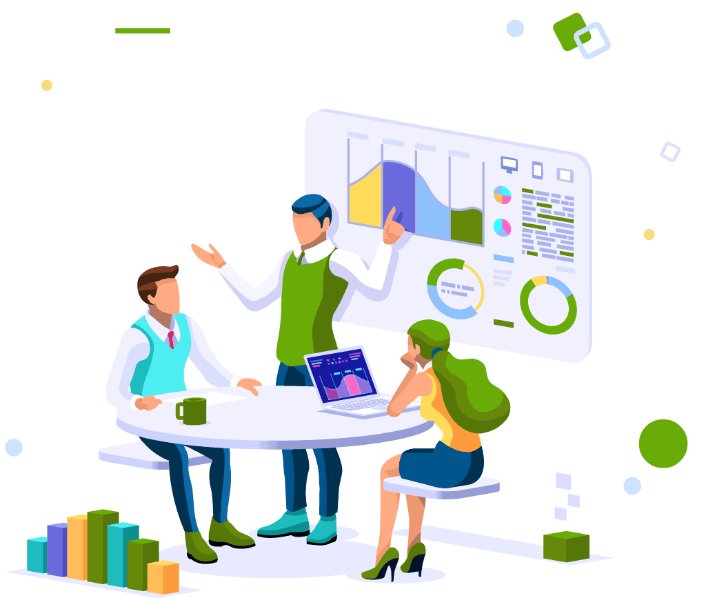 about-it-needs An illustration showing three people discussing IT needs with charts.