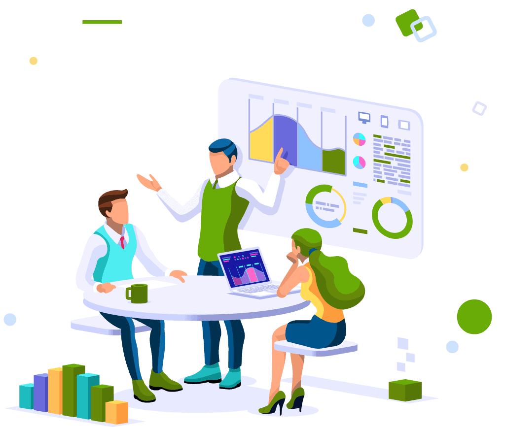 An illustration showing three people discussing IT needs with charts.