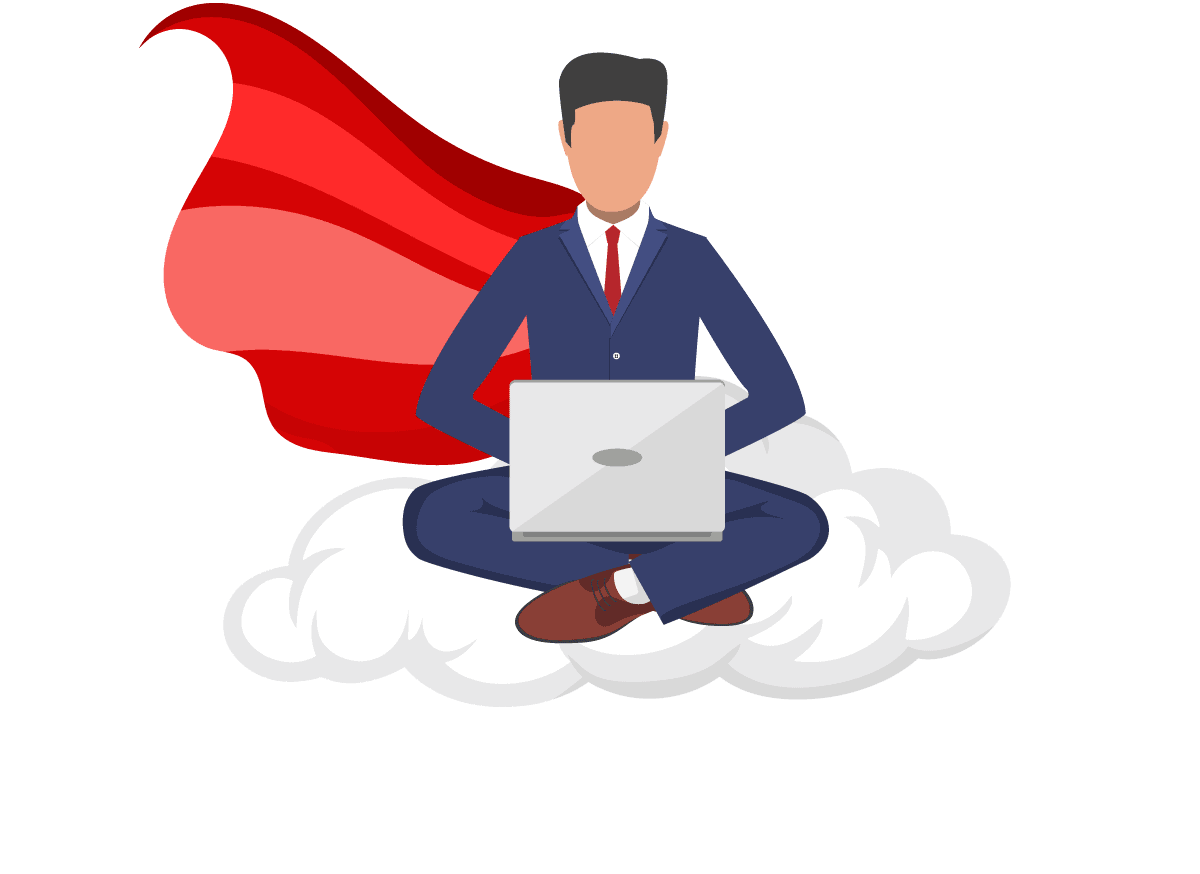 An illustration of a businessman wearing a cape sitting on a cloud with a laptop.