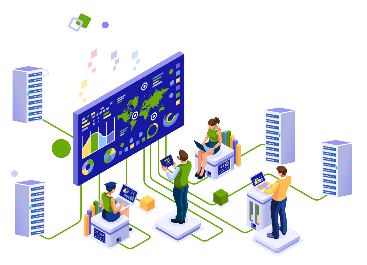 A group of four people sitting at a circular desk providing cybersecurity services.