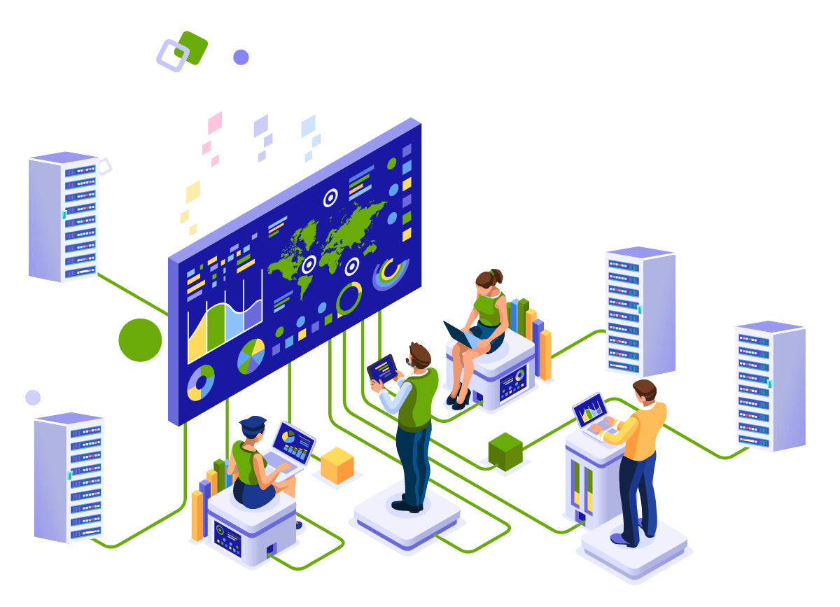 An illustration of a group of people working on laptops and a screen with a cybersecurity map.