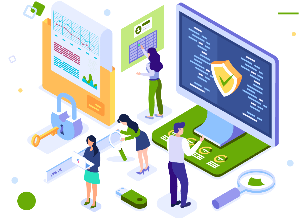 An illustration of a group of people looking at charts and cybersecurity data.