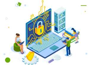 A group of people working on a computer with a lock.