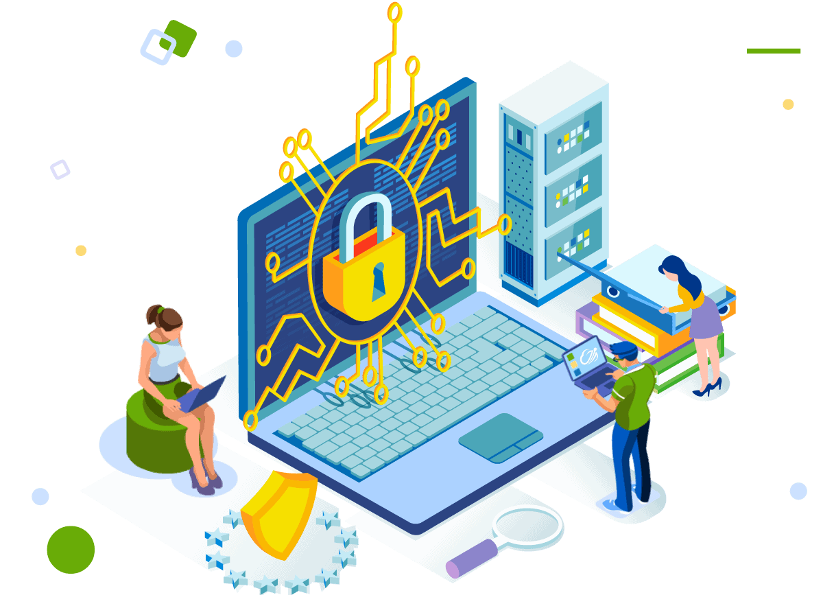 An illustration of 3 people working on laptops with a cybersecurity risk assessment shield.