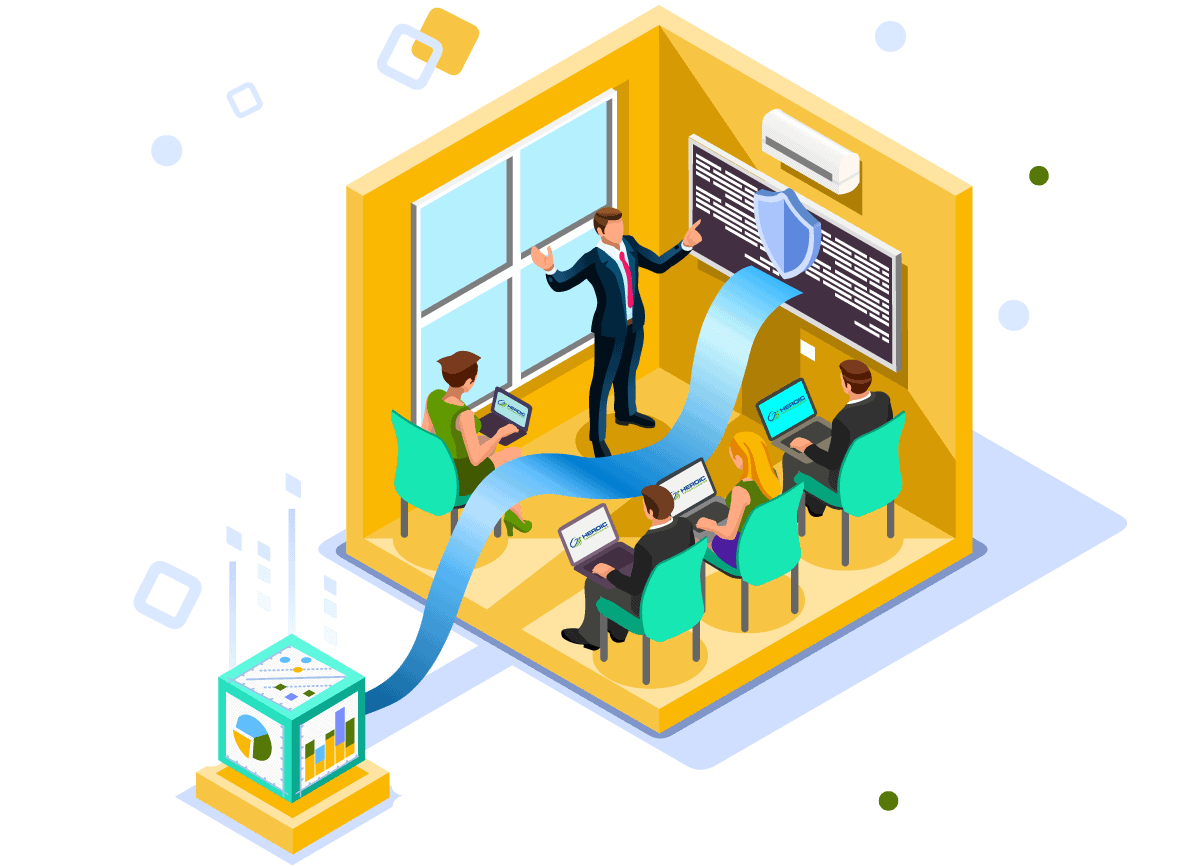 cyber-security-contact27 An illustration of a man giving a presentation with a shield and people taking notes on a laptop.