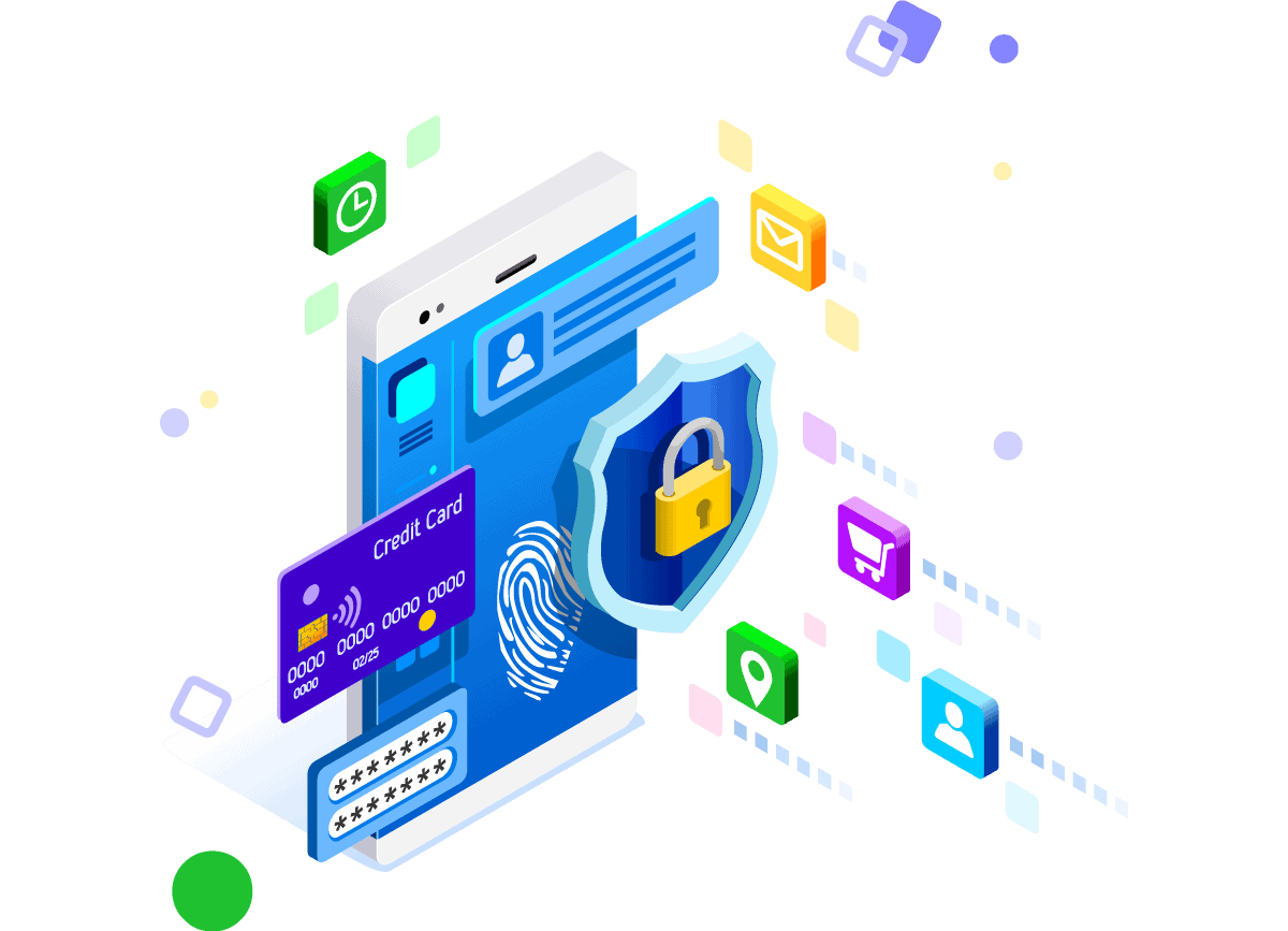 An illustration of a smartphone with a shield and thumbprint on it.