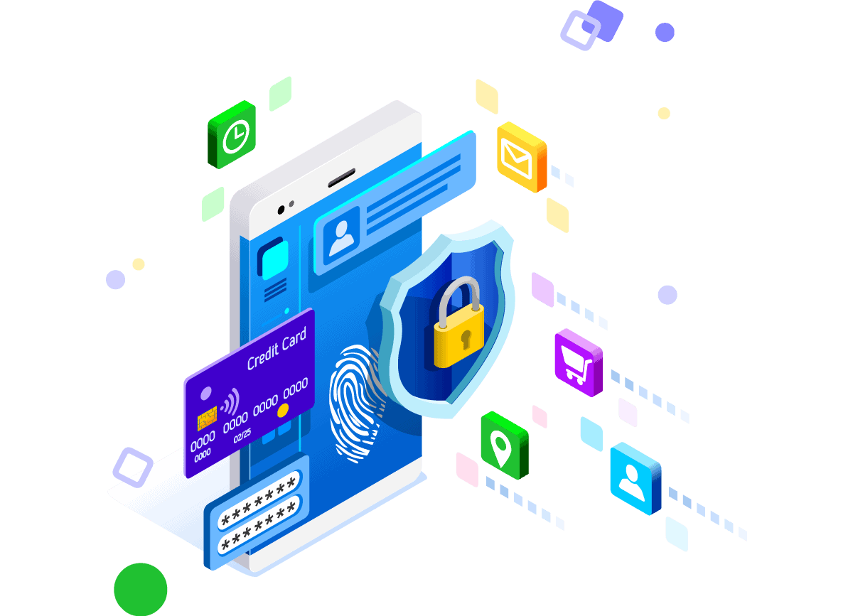 An illustration of a phone with a shield, lock, thumbprint and credit card.