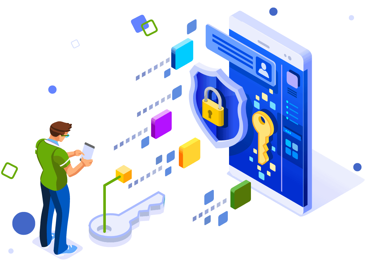 An illustration of a man working in front of a smartphone with cybersecurity icons.