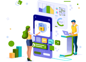 A man working on a laptop and a woman working on a giant smartphone with a cyber lock.