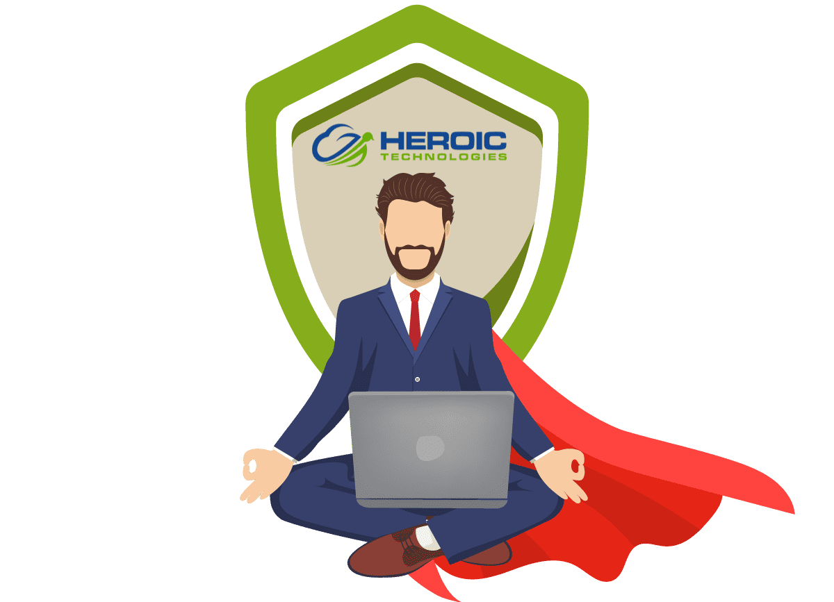 A meditating businessman in a red cape with a laptop and a shield.