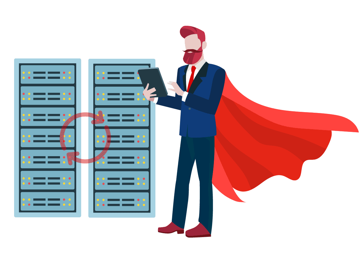 data-backup-img3 Illustration of a businessman donning a red cape in front of servers