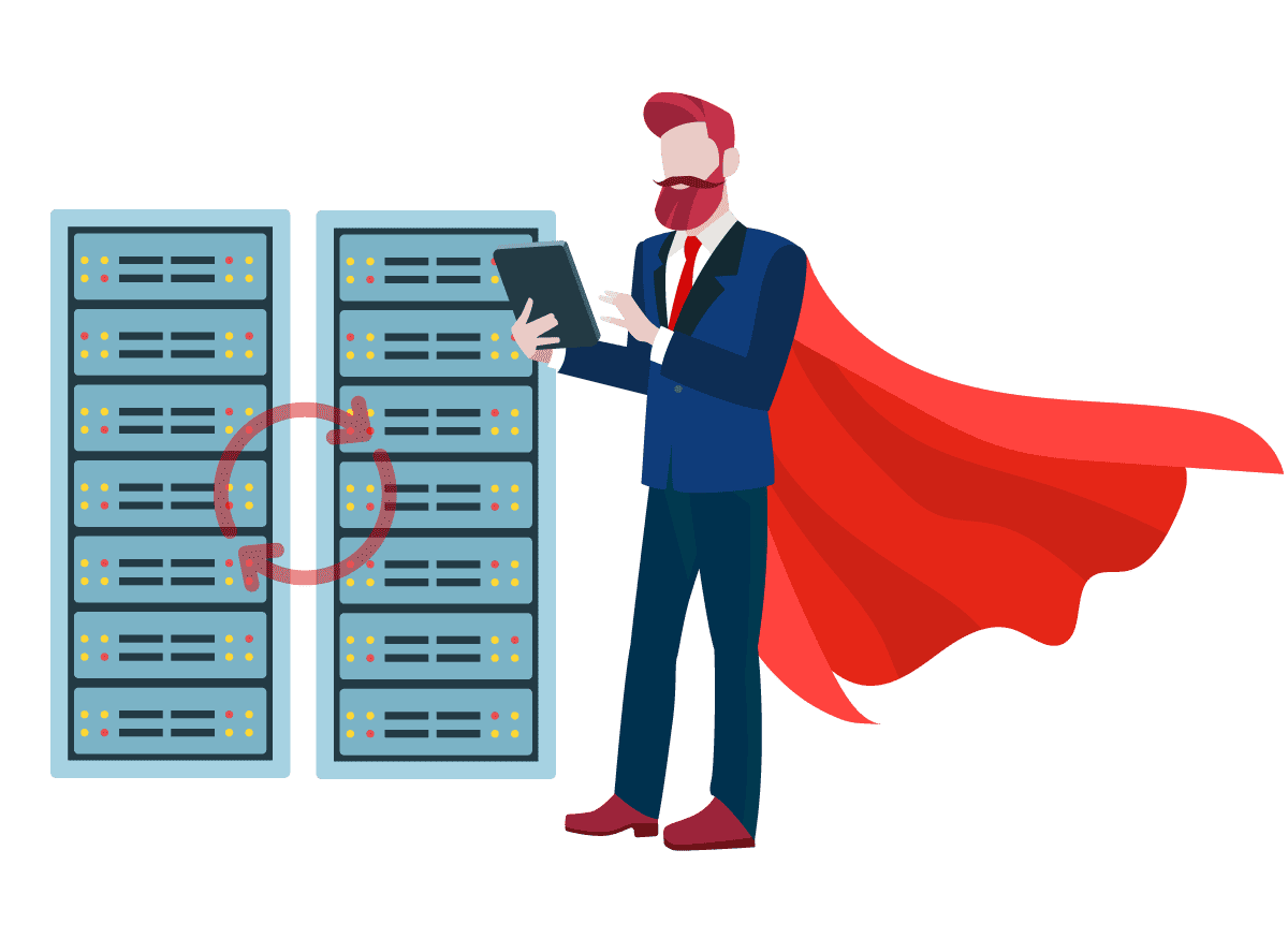 Illustration of a businessman in a cape standing in front of servers.