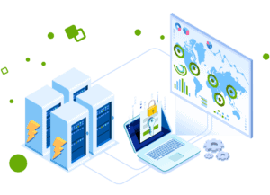 An illustration of servers, a laptop, and a monitor showing a world map.