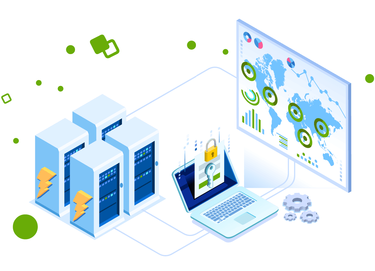 An illustration of a laptop, servers, and a large monitor with a world map on it.