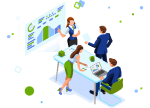 An illustration of a group of people discussing managed IT services at a table.
