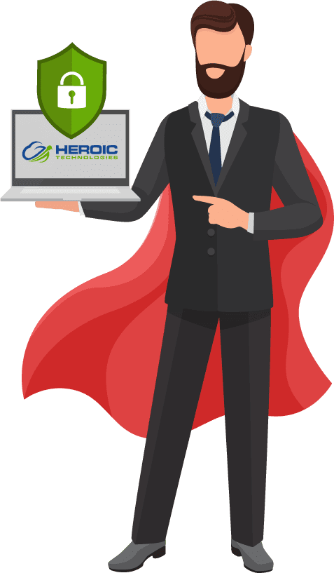 Illustration of a business person with a cape holding a laptop with a cybersecurity shield.