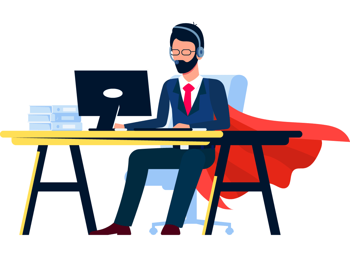 voip-img2 Illustration of a businessman in a cape sitting at a computer.