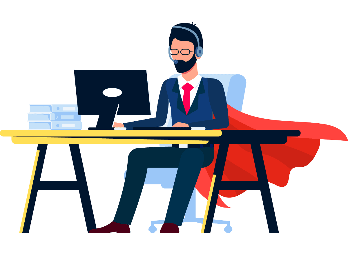 Illustration of a businessman in a cape sitting at a computer.