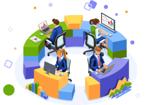 A group of four people sitting at a round desk providing VoIP support services.