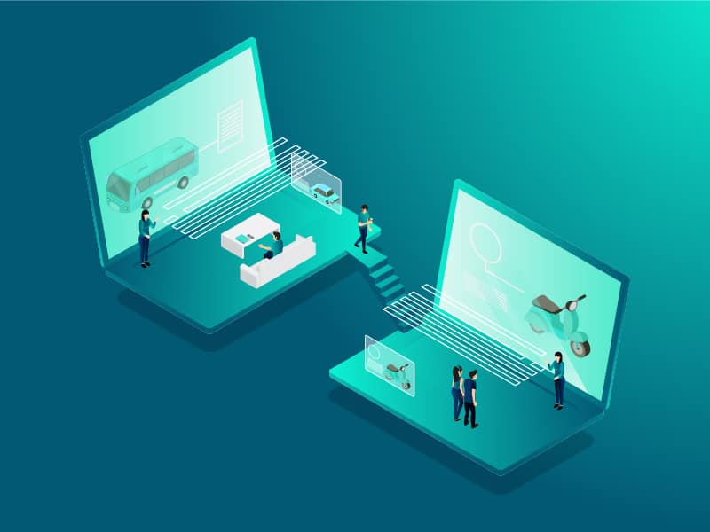 A concept illustration of two isometric computers with people standing on them.