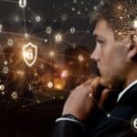 Why-Your-Business-Needs-a-Cybersecurity-Risk-Assessment-1 A man looking at digital icons of locks and profile avatars.