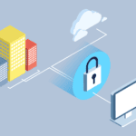 An icon of a computer, lock, business building, and cloud.