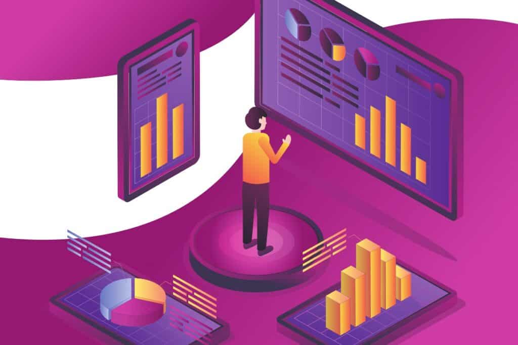 Illustration of a business owner browsing charts and graphs showing financial figures