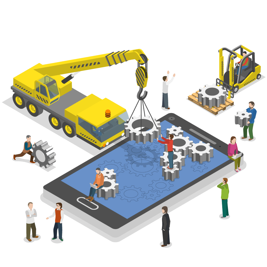 An illustration depicts a construction crew building a giant smart phone.