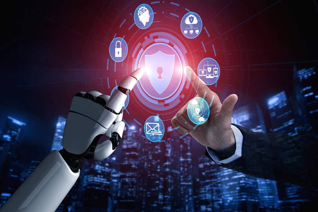 A rendering of a robot hand and a businessman's hand are reaching out to touch a graphic of a padlock.