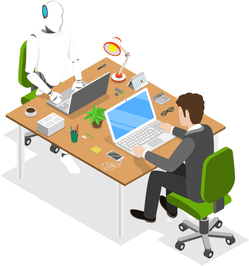 An illustration depicts a businessman and a robot working together on laptops.