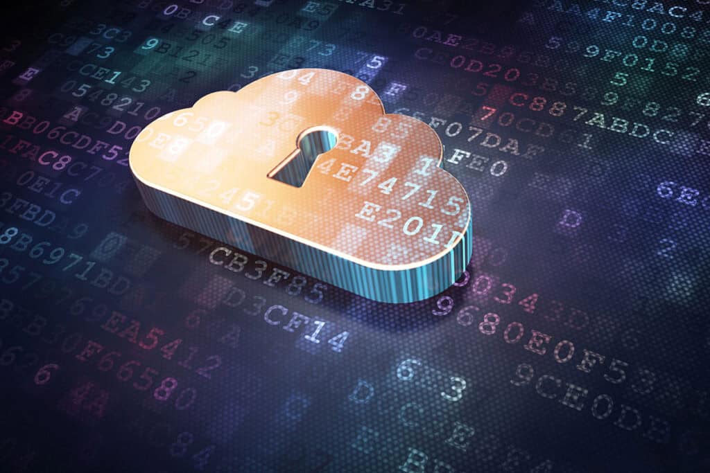 A golden cloud with a keyhole is set against a digital background with binary code.